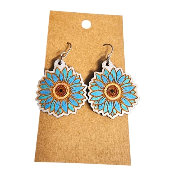 Hand Crafted Jewelry - Azure Sunburst Petals Wood Drop Earrings